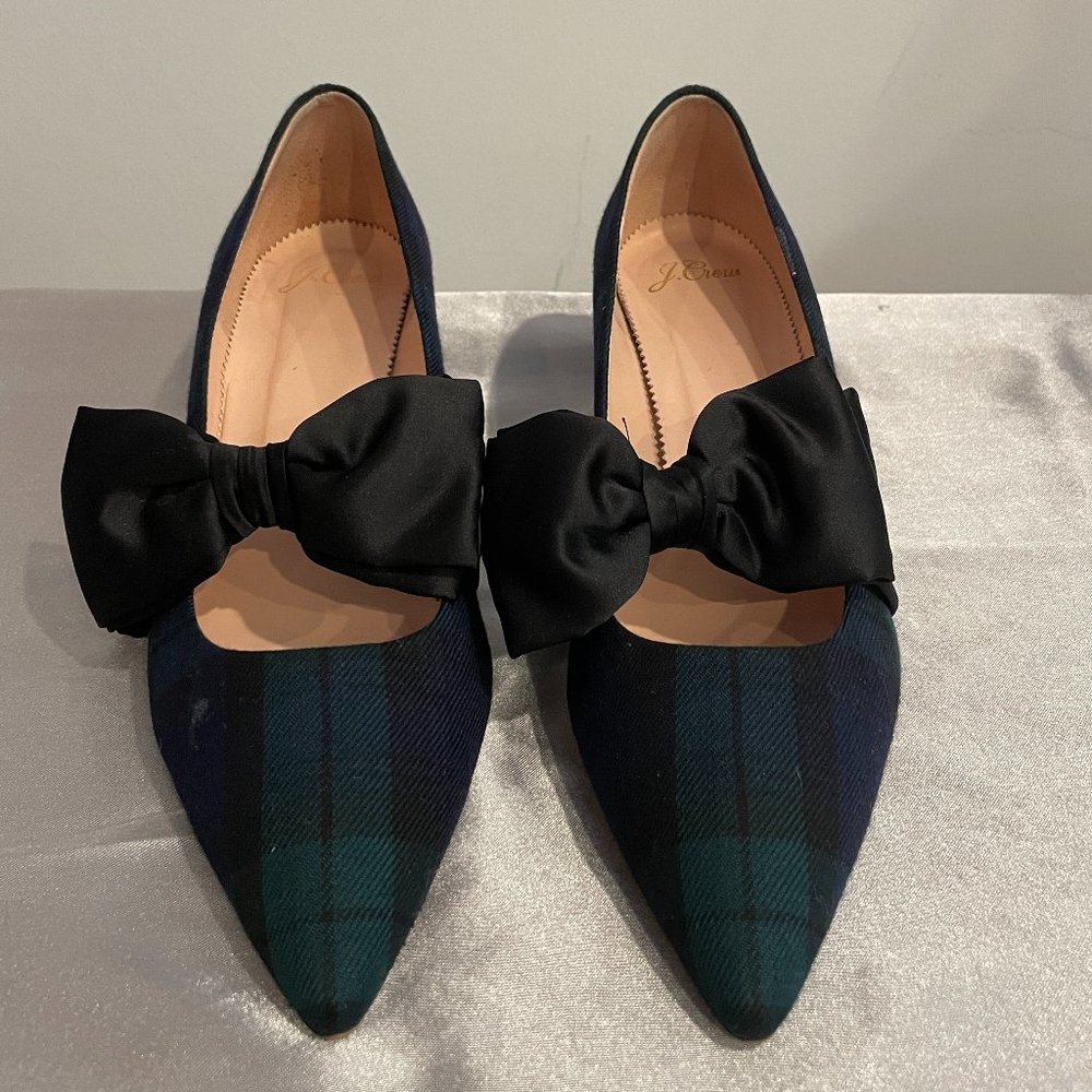 J Crew Blackwatch Plaid Heels with Satin Bow Size 9